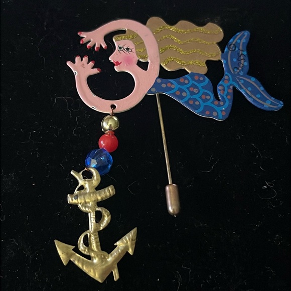 Vintage Jewelry - Vtg Mermaid W/ Hanging Anchor Hat/Stick Pin